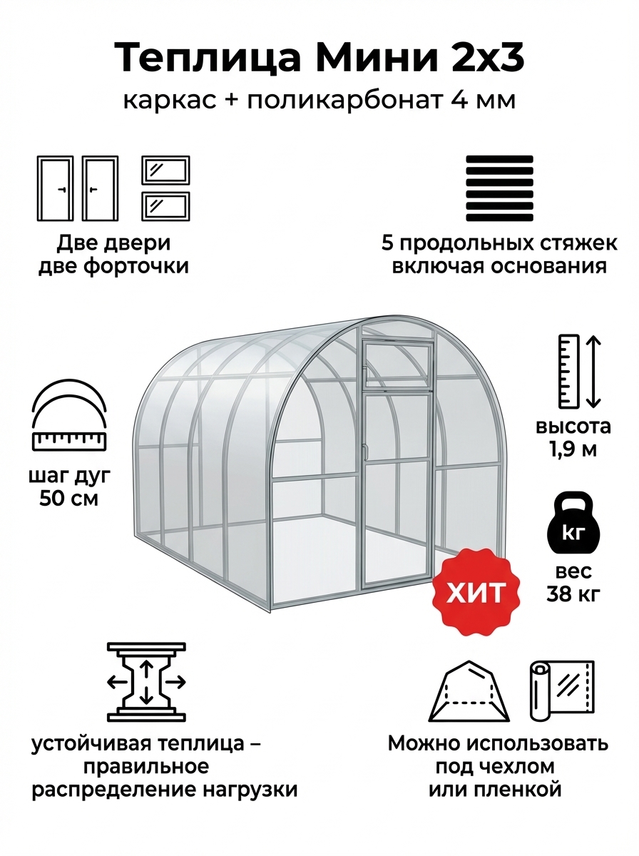 Теплица 2x3 оцинкованная с поликарбонатом 4 мм