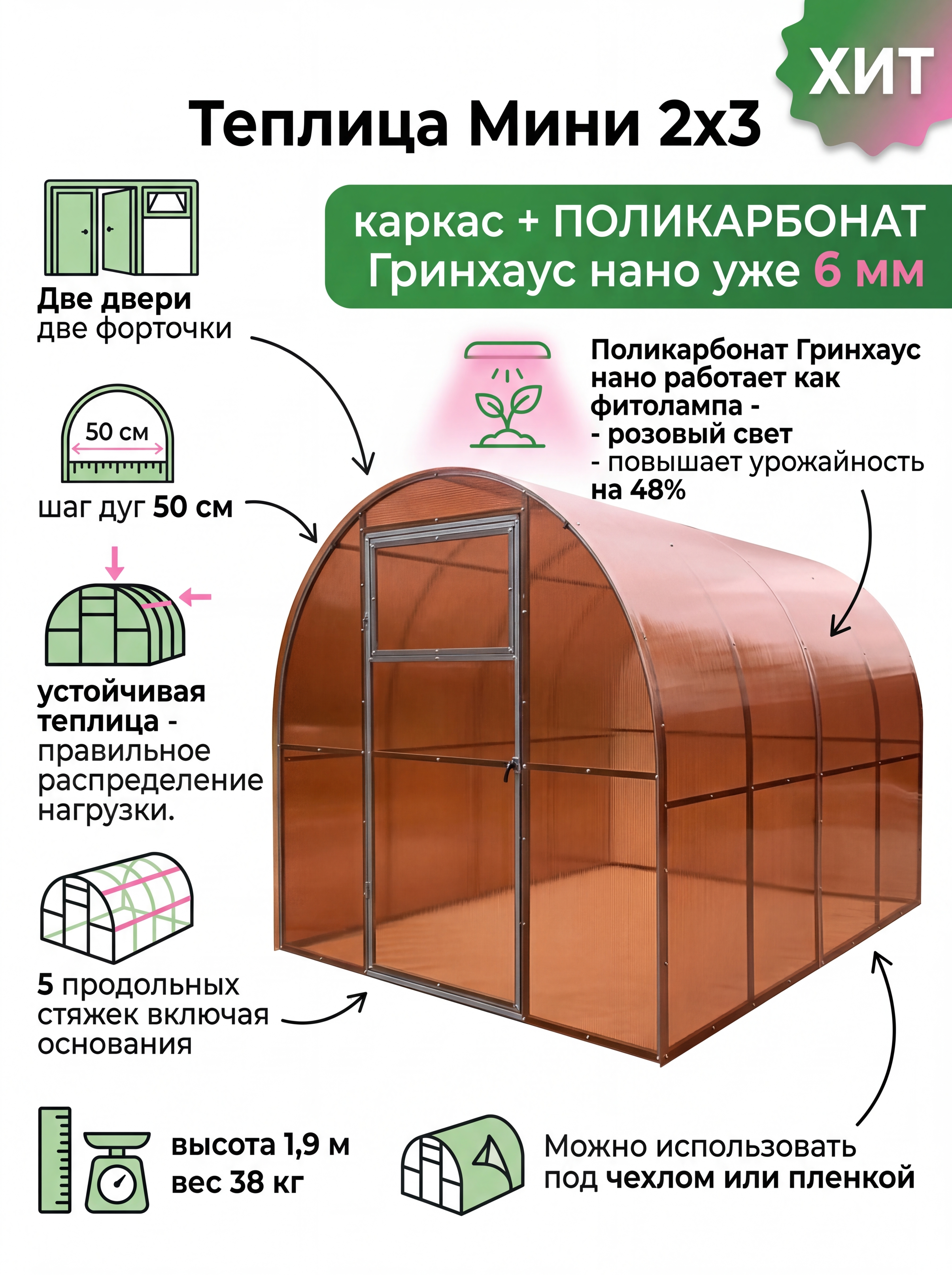 Теплица 2x3 с поликарбонатом 6 мм Гринхаус Нано